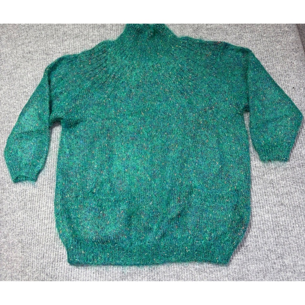 Paul Et Duffier Green Mohair Blend Sparkle Mock Neck Sweater Pockets Size M
